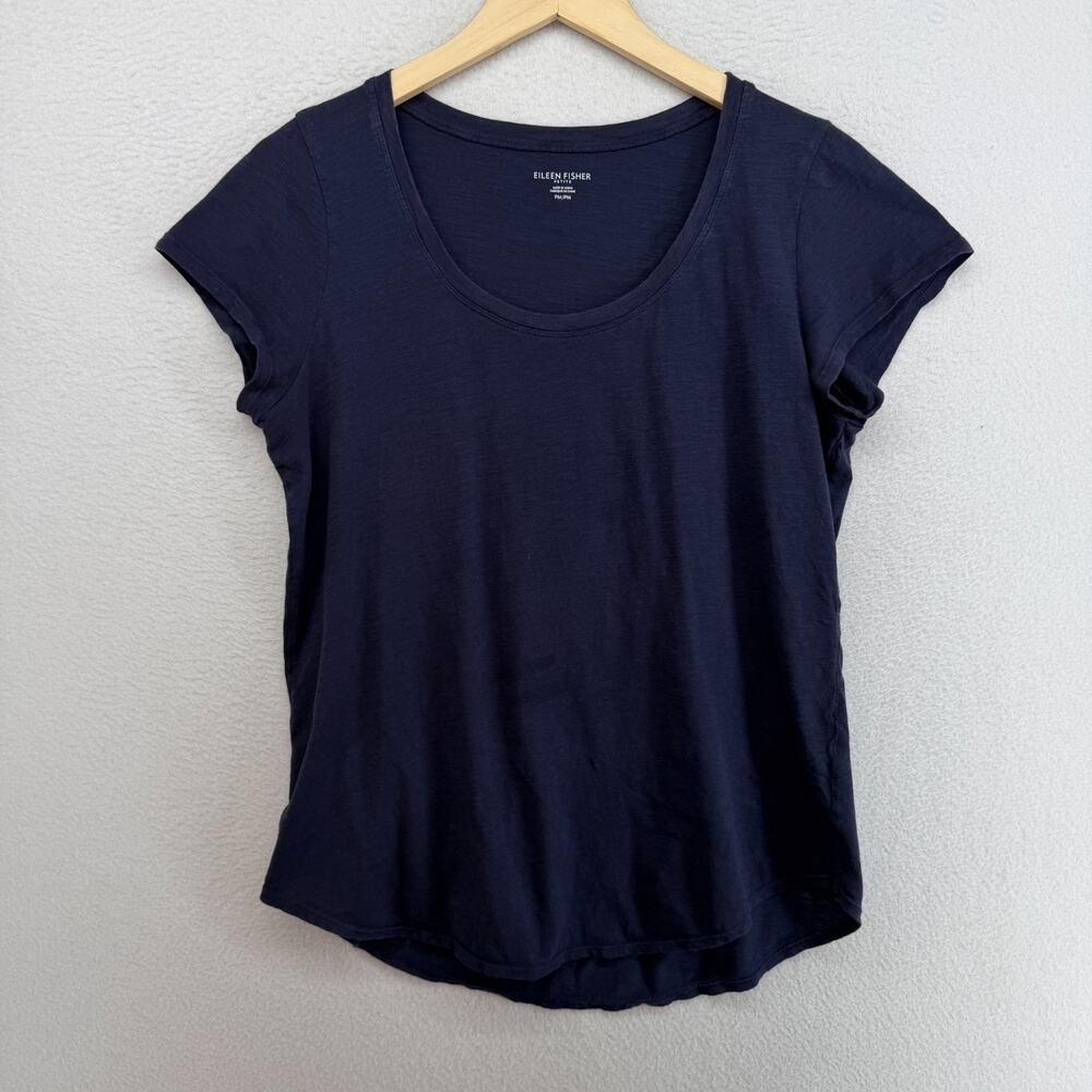EILEEN FISHER Top PM Slub Organic Cotton Jersey Scoop Neck Cap Sleeve Blue